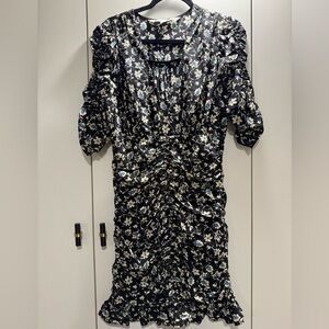 Veronica Beard v-neck Dress 10 Josephine black Ruched blue Floral Cottage NWOT